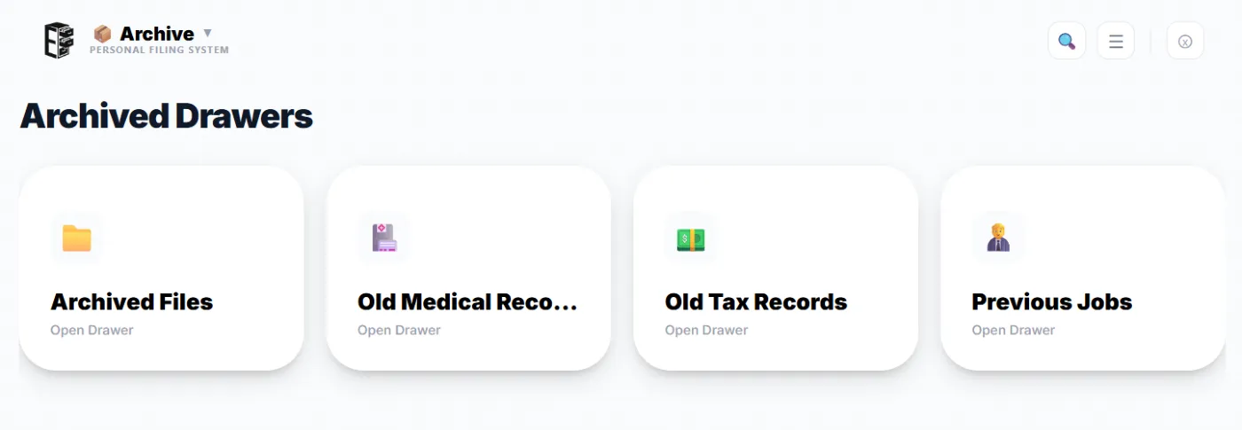 The Archive view in Enoch File showing four archived drawers as cards — Archived Files, Old Medical Records, Old Tax Records, and Previous Jobs — each with its own emoji icon.