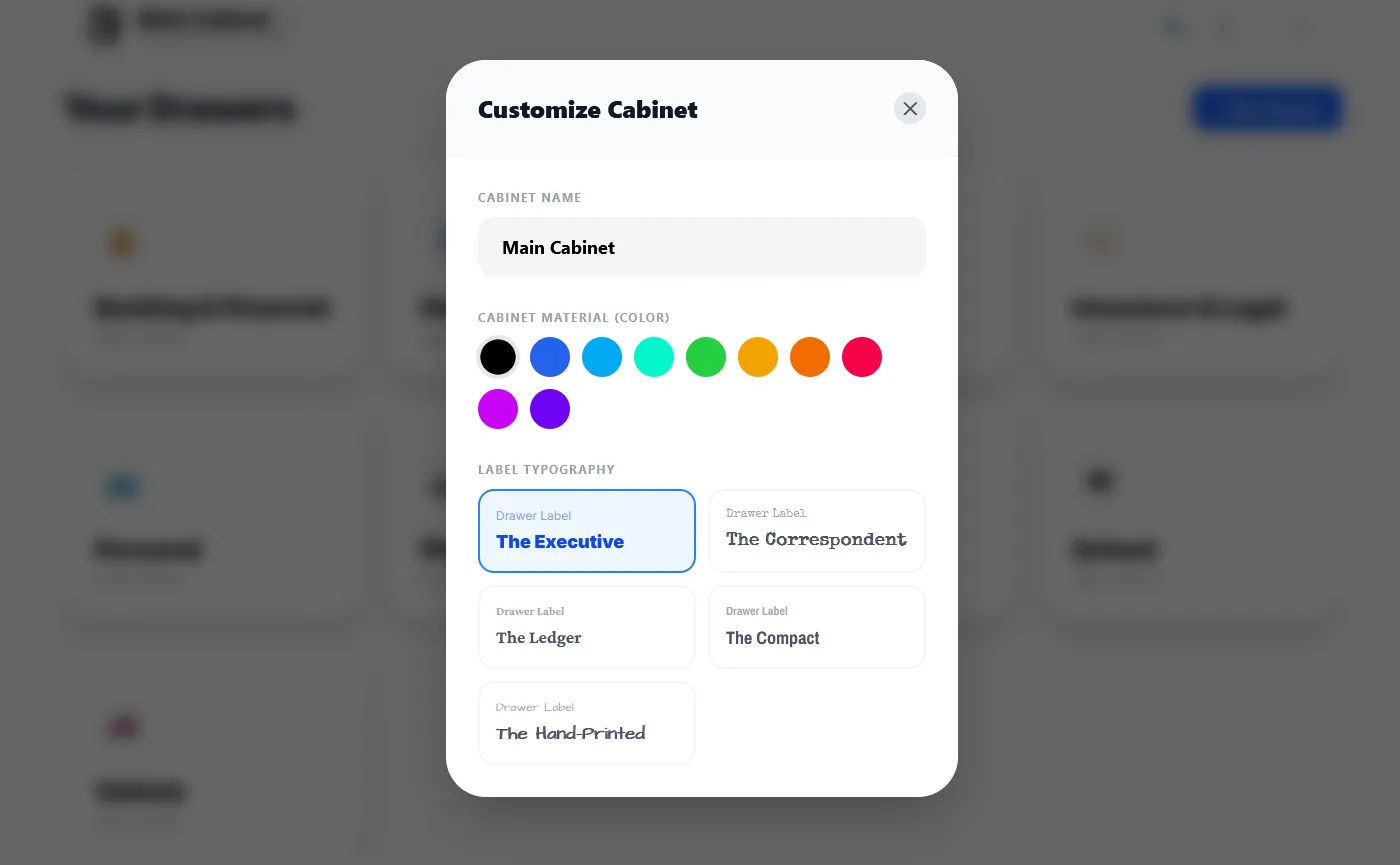 The Customize Cabinets screen showing color swatches, font options, and the cabinet name field