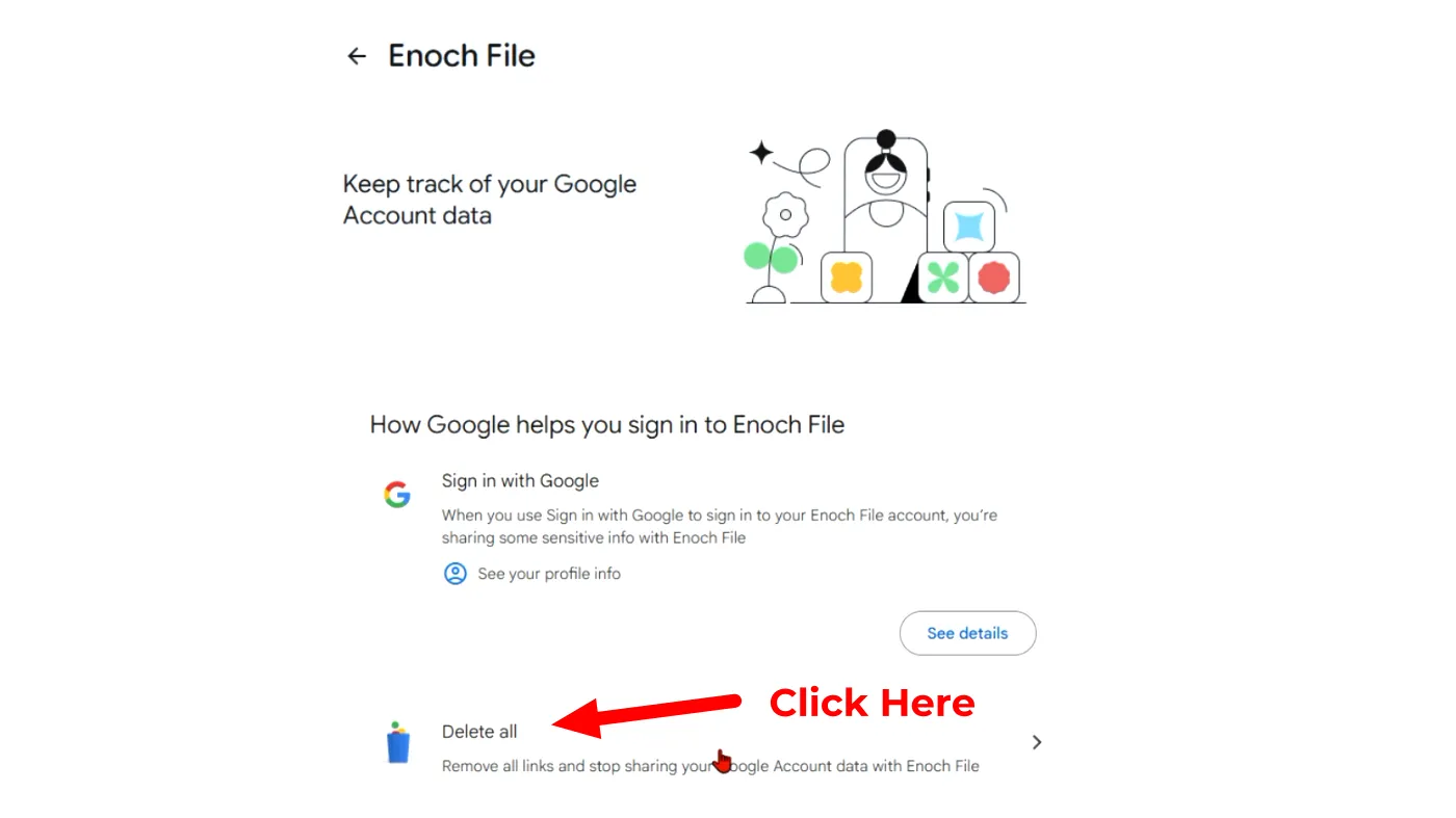 The Google Account page for Enoch File showing the Delete all option, with a red annotation reading “Click Here” pointing at it.