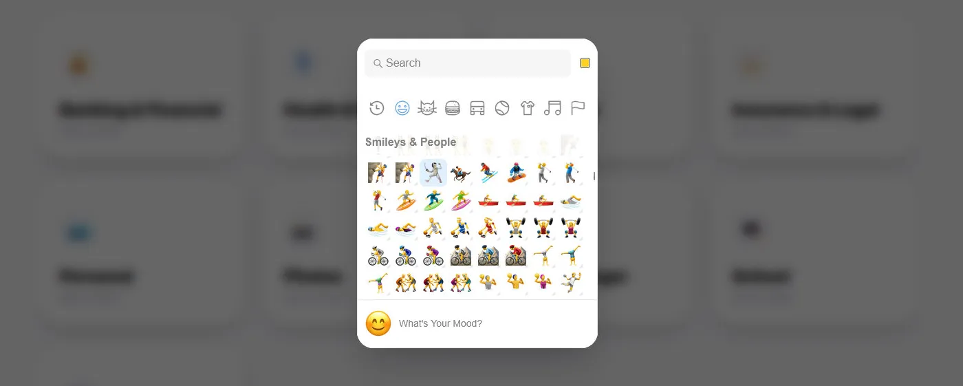 Enoch File emoji picker showing category shortcuts, search bar, and a grid of emoji options