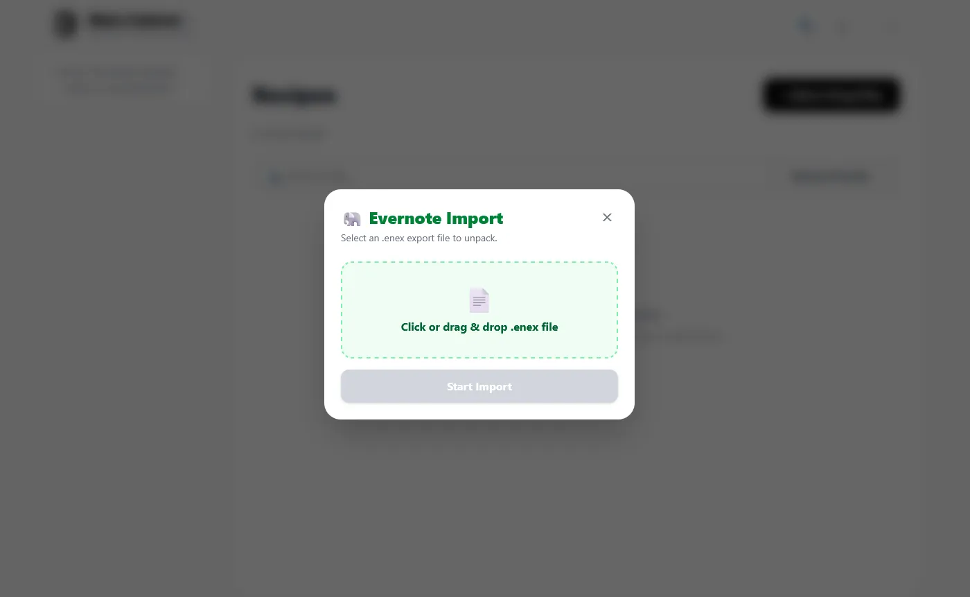 The Evernote Import modal in Enoch File with a green dashed drop zone labeled “Click or drag & drop .enex file” and a disabled Start Import button below it