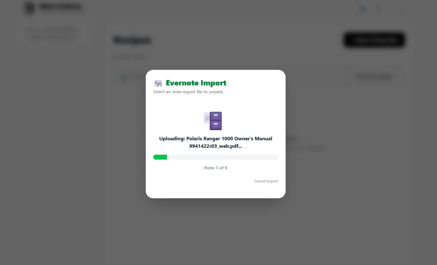 The Evernote Import modal mid-import, showing a progress bar, a filename (“Uploading: Polaris Ranger 1000 Owner’s Manual…”), a “Note 1 of 9” counter, and a Cancel Import link at the bottom