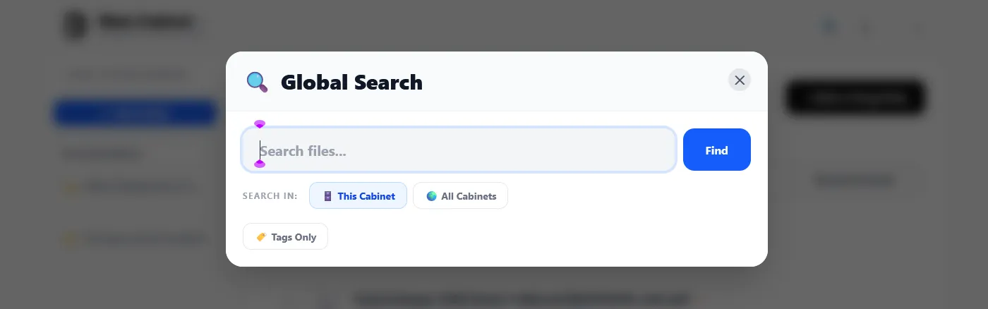 The Global Search modal in Enoch File, with a Search Files input field, a Find button, scope toggles for This Cabinet and All Cabinets, and a Tags Only filter button.