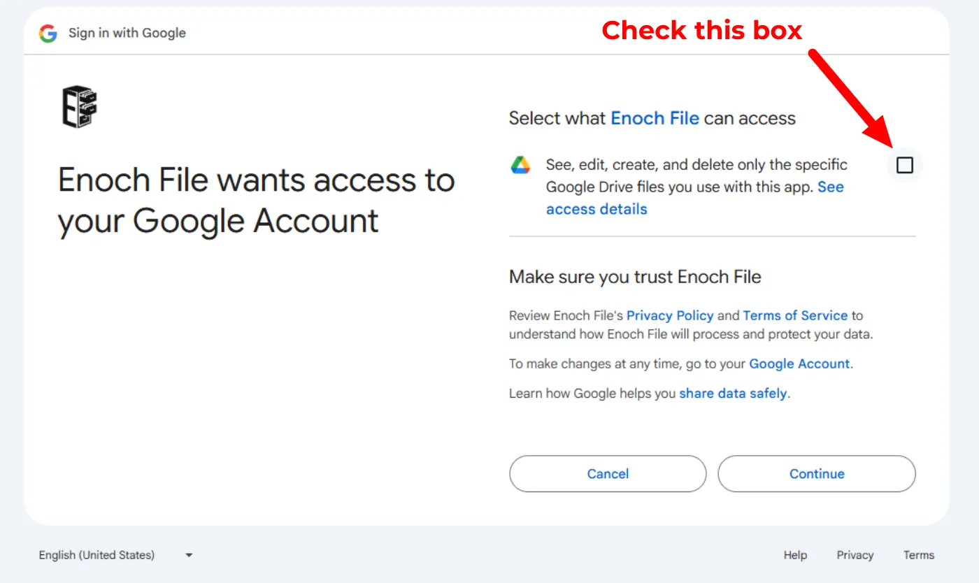The Google sign-in consent screen for Enoch File, with an unchecked permission checkbox on the right and a red annotation reading “Check this box” pointing at it.
