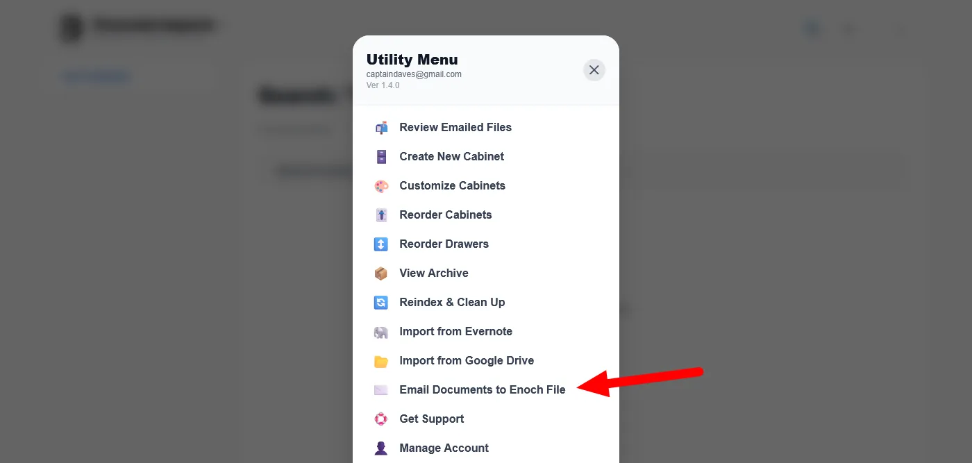 The Utility Menu in Enoch File with a red arrow pointing at the Email Documents to Enoch File option.