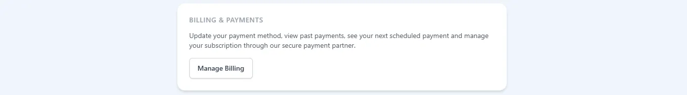 The Billing &amp; Payments section on the Enoch Worx My Account page, with a short line explaining what the section offers and a Manage Billing button.