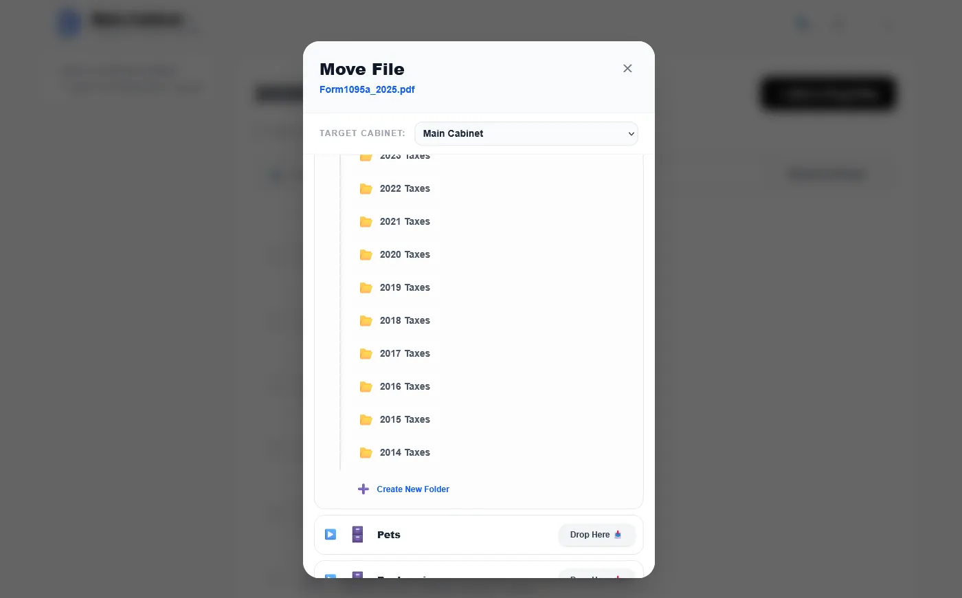 The Move File destination selector showing a list of folders inside a drawer, with a Create New Folder option at the bottom
