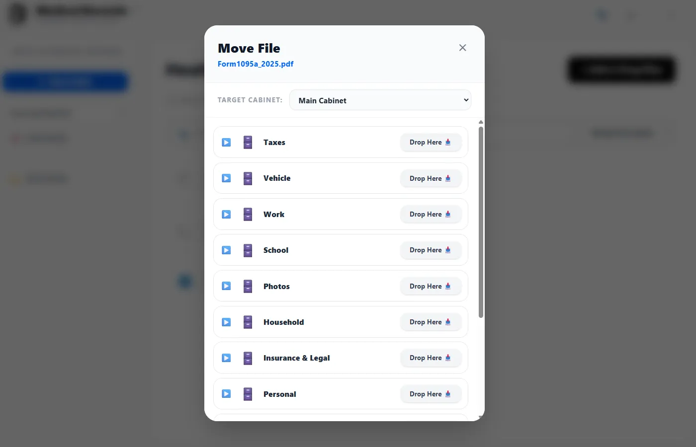 The Move File destination selector showing a list of drawers in the target cabinet, each with a Drop Here button
