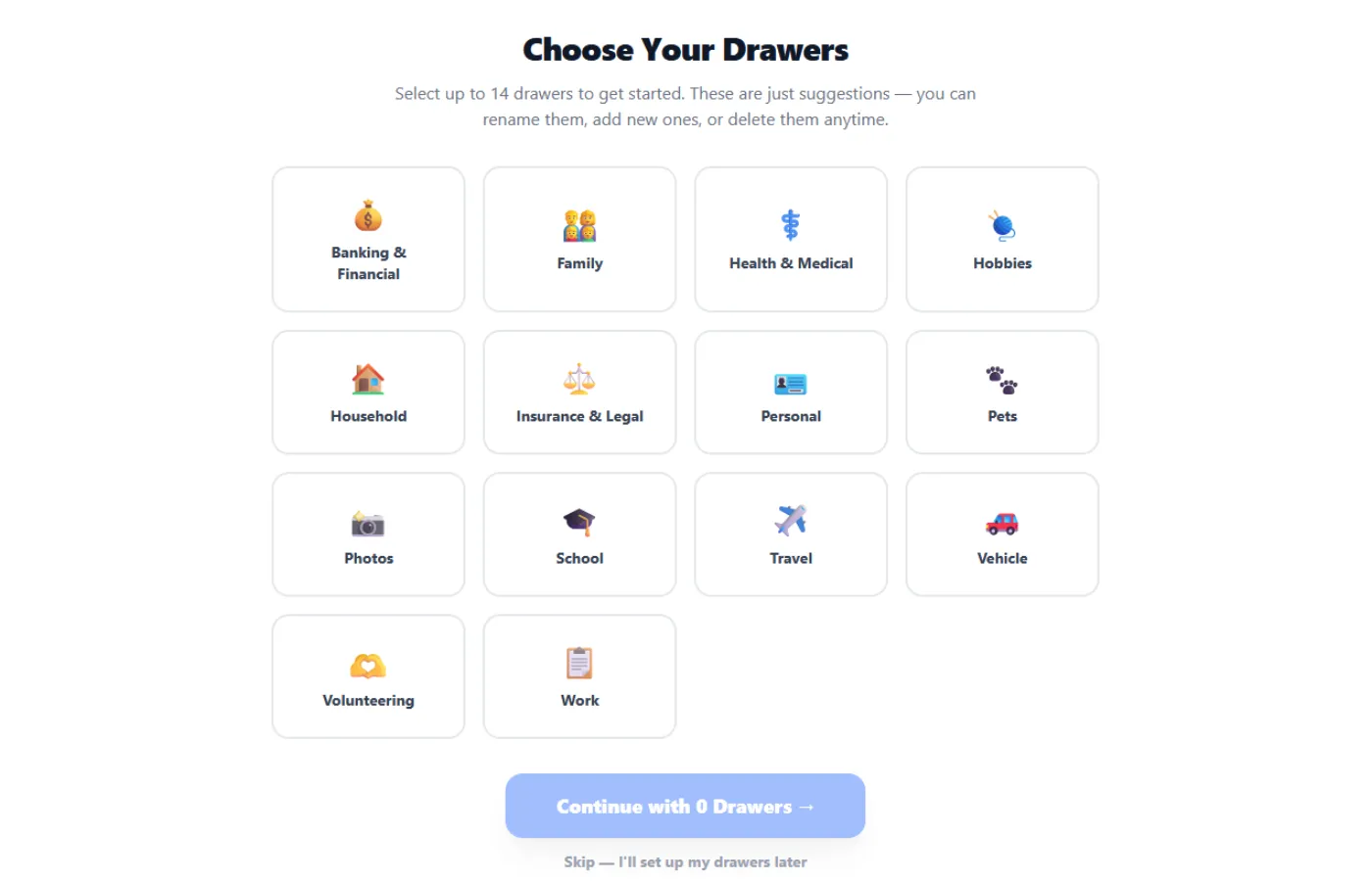 Onboarding Wizard showing 14 suggested drawers with checkboxes for selection