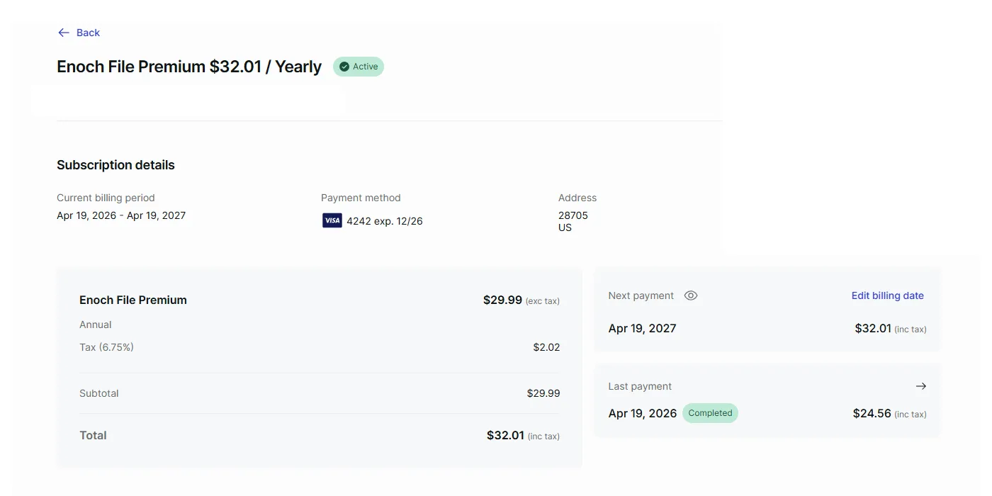 A Paddle subscription invoice for Enoch File Premium Annual, showing the current billing period, the Visa payment method, the plan price on one line, sales tax on the next, and the combined total below. The right side shows the next scheduled payment and the last completed payment.