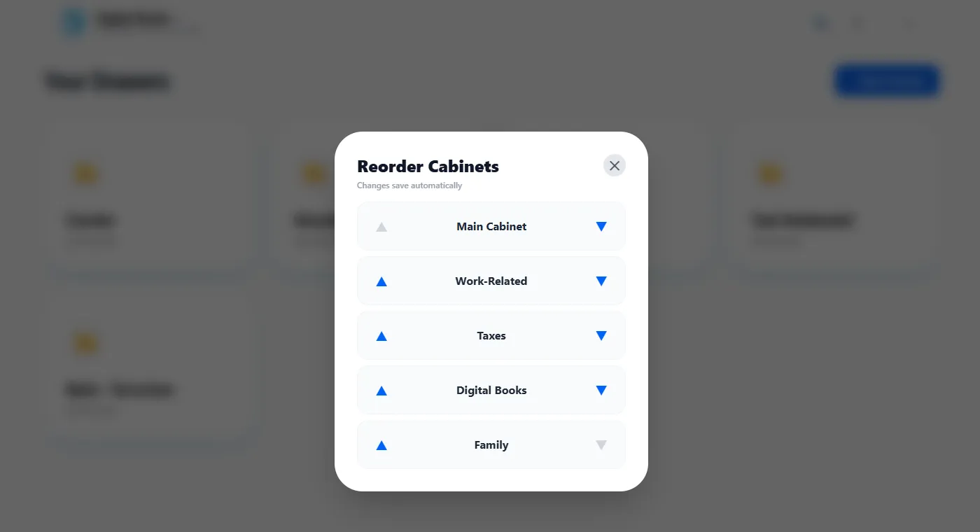 The Reorder Cabinets modal, showing each cabinet with blue ▲ and ▼ arrows for moving items up or down