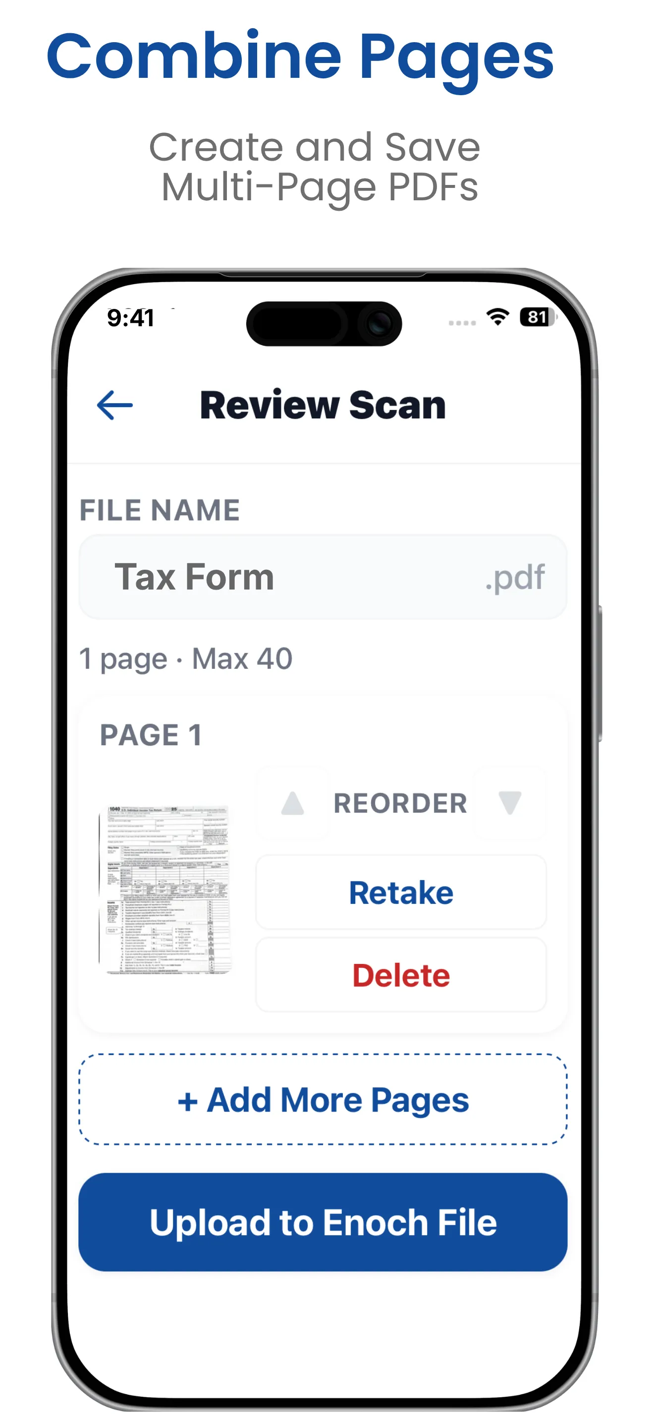 The Enoch File: Scan & Save folder picker on iPad, showing an Upload To section with cabinet tabs across the top and a list of drawers below including Recipes, Personal, Health & Medical, Vehicle, Pets, Family, and Household.