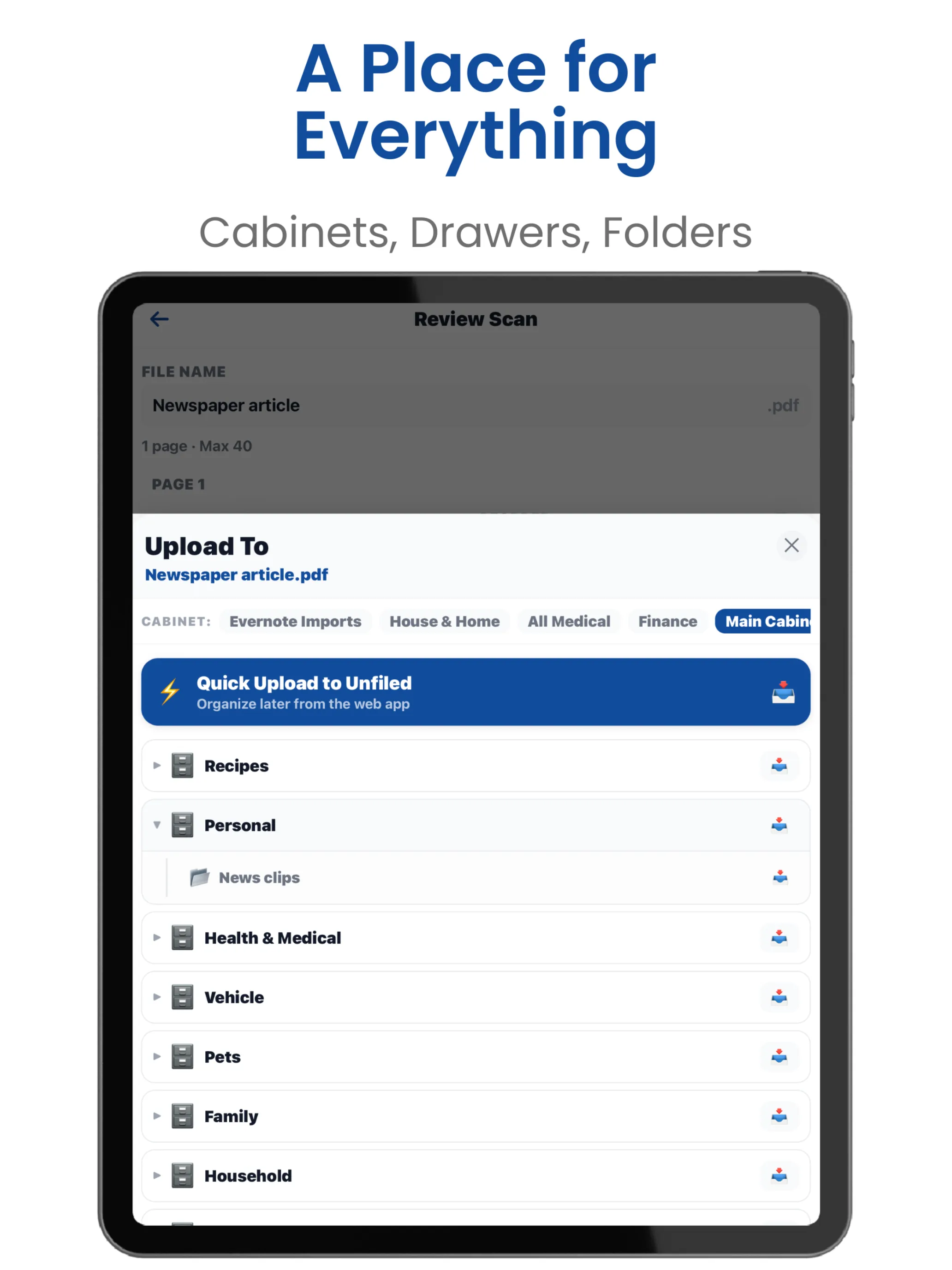 The Review Scan screen in Enoch File: Scan & Save on iPhone, showing a scanned Tax Form.pdf with page thumbnail, Reorder / Retake / Delete controls, an Add More Pages button, and an Upload to Enoch File button at the bottom.