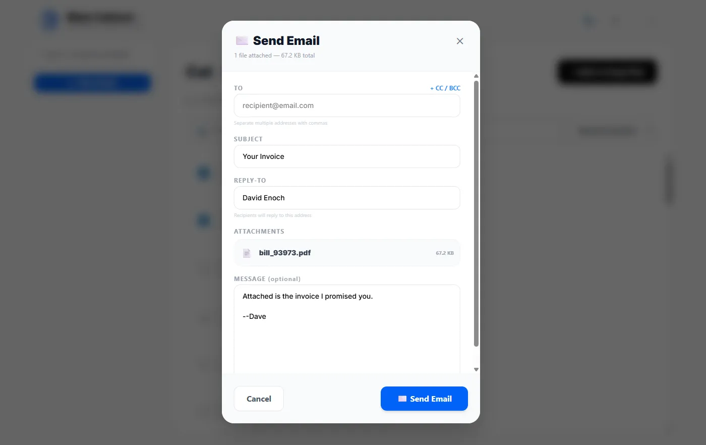 The Send Email dialog in Enoch File, showing To, Subject, Reply-To, Attachments, and Message fields, with a sample invoice PDF attached and a Send Email button at the bottom right