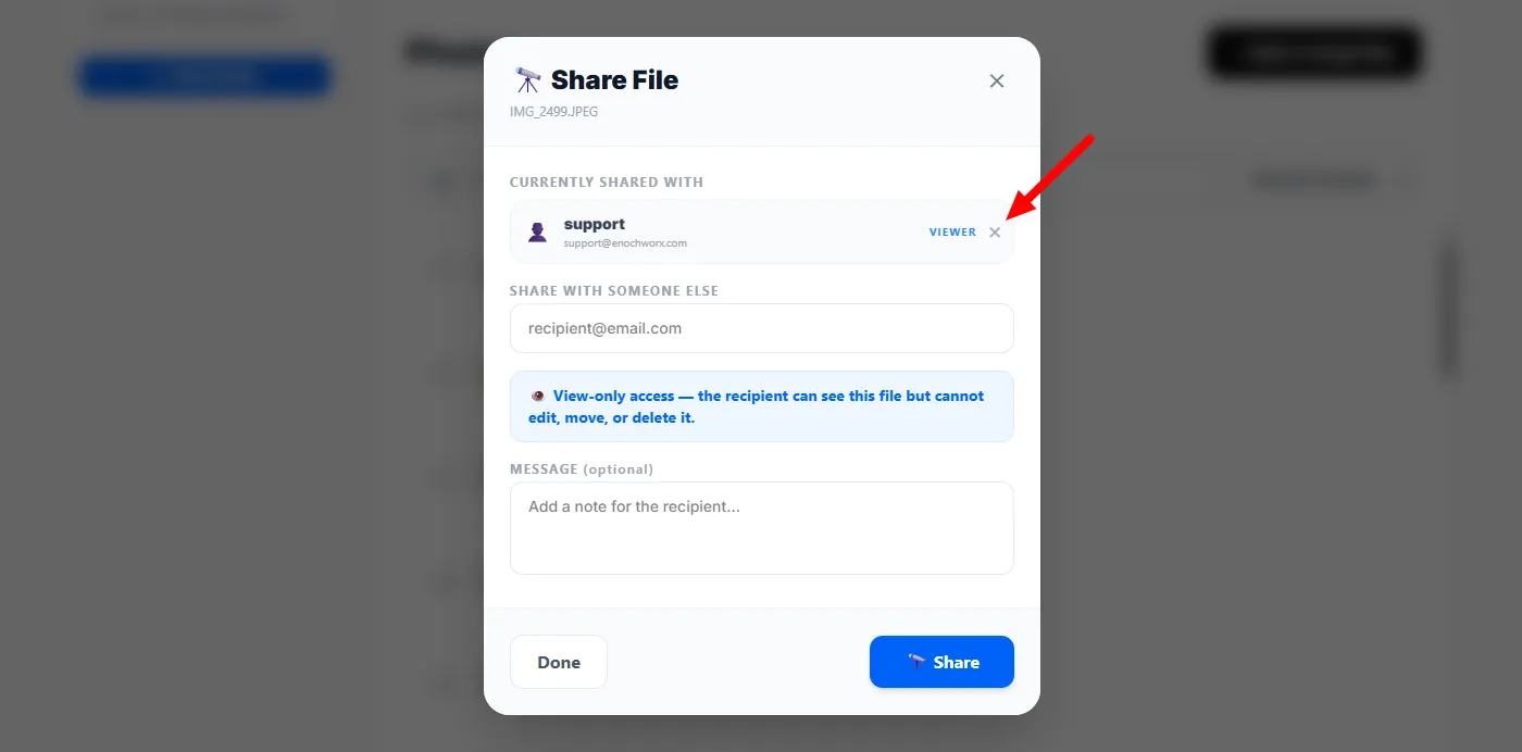 The Share File modal with a recipient listed under Currently Shared With, and a red arrow pointing at the × button next to the Viewer label used to revoke access.