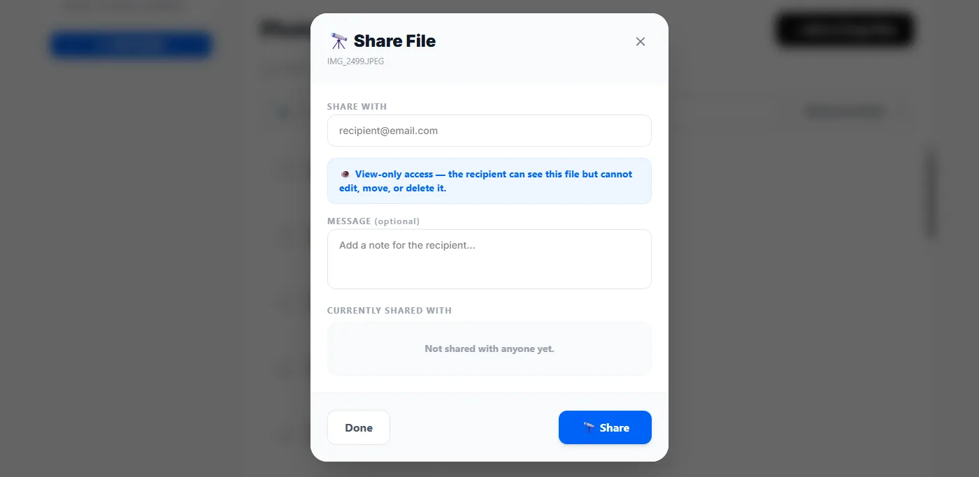 The Share File modal in Enoch File, with a Share With email field, a blue view-only access notice, an optional message field, and a Currently Shared With section reading “Not shared with anyone yet.”