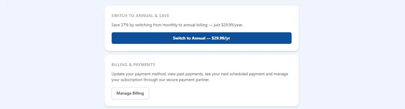 The Switch to Annual &amp; Save section on the Enoch Worx My Account page, with a “Save 37% by switching from monthly to annual billing” heading and a Switch to Annual button. The Billing &amp; Payments section sits directly below it with a Manage Billing button.