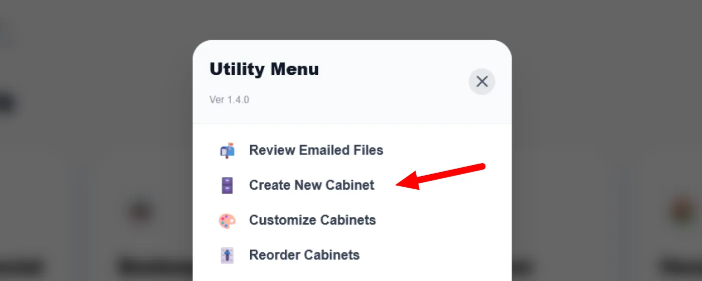 Utility Menu highlighting the New Cabinet option