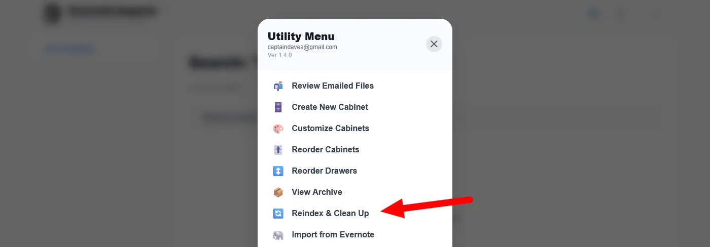 The Reindex and Clean Up is found on the utility menu.