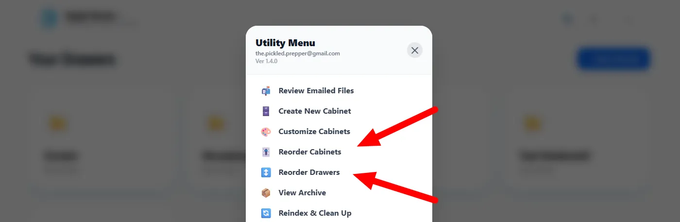 The Utility Menu with red arrows highlighting the Reorder Cabinets and Reorder Drawers options