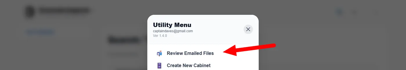 The Utility Menu in Enoch File with a red arrow pointing at the Review Emailed Files option at the top of the menu.